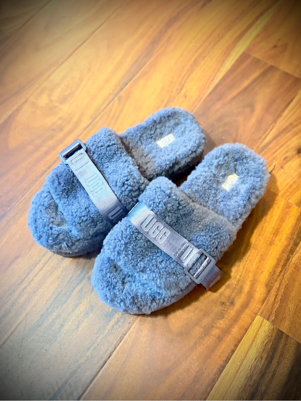 UGG Blue Grey Plush Shearling Slide with Branded Buckle Strap